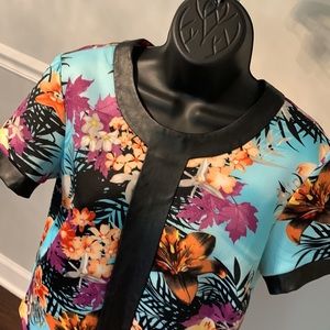 Grazia Turquoise & Black Tropical Print Scuba Top Size 10